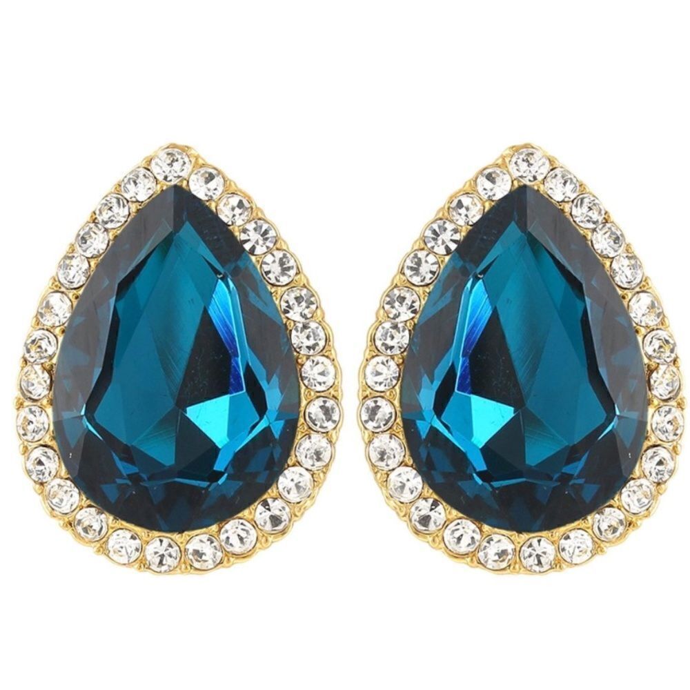 Yellow Gold with Aquamarine Blue Austrian Crystal Teardrop Stud Post Earrings